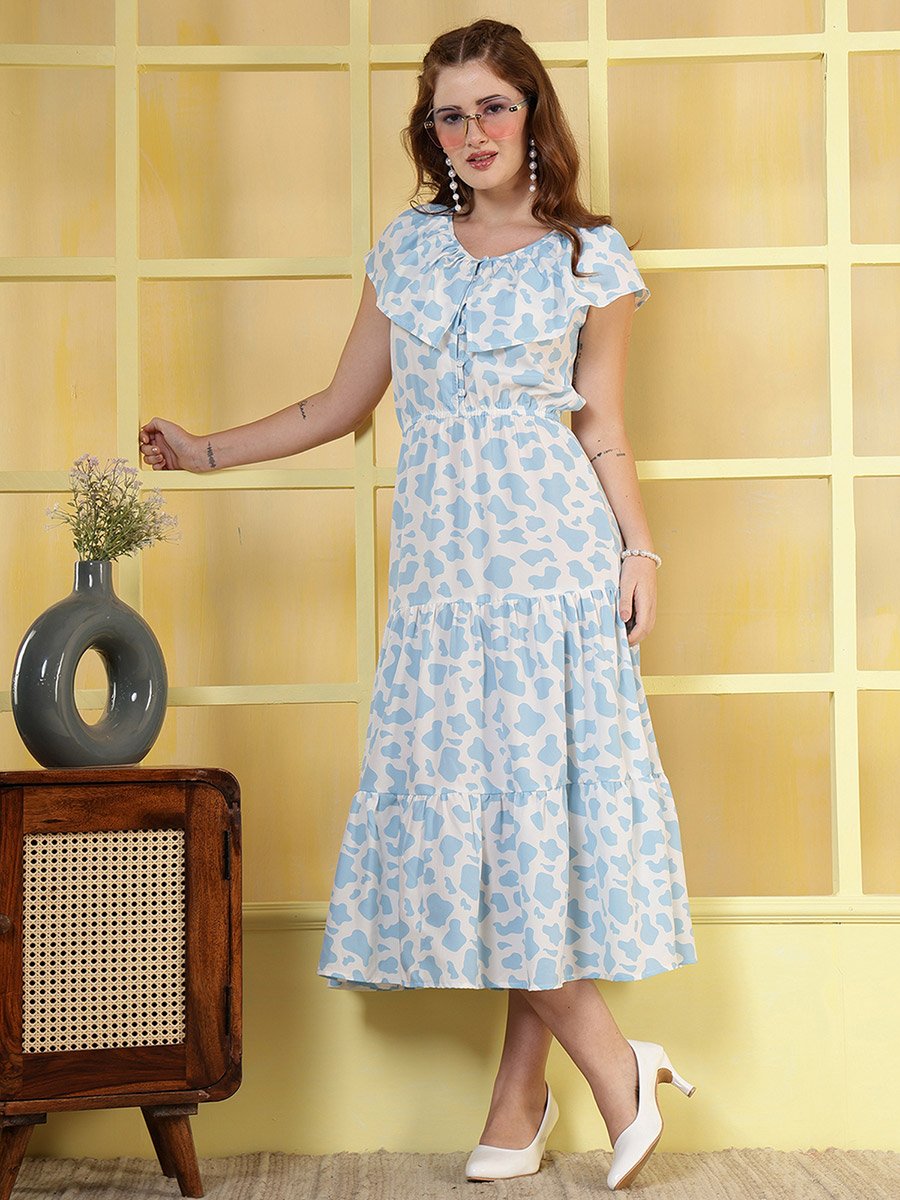 Women Blue Floral Print Crepe A-Line Midi Dress