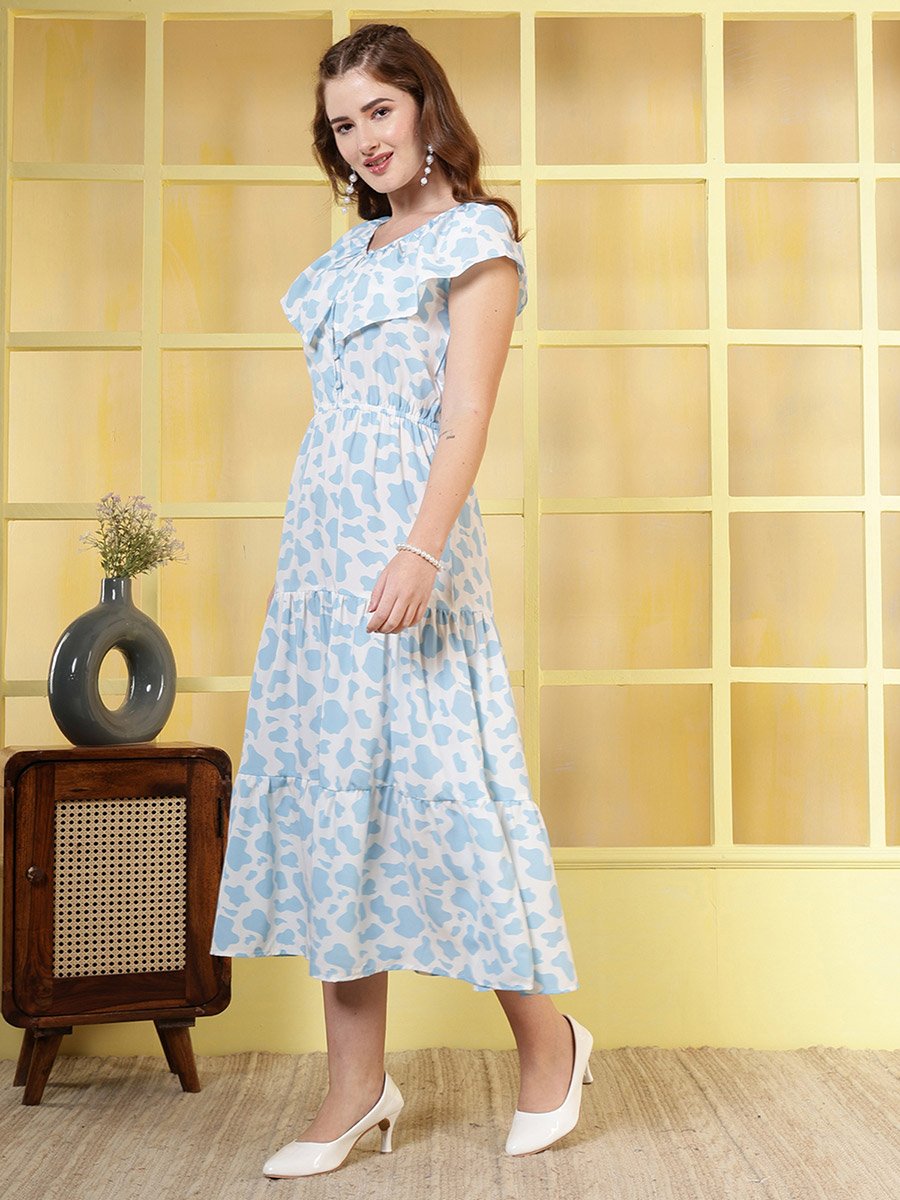 Women Blue Floral Print Crepe A-Line Midi Dress