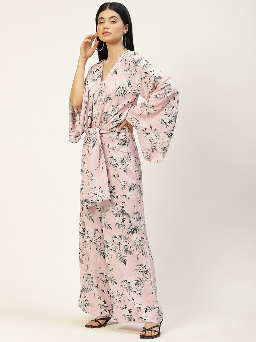 Women Floral Wide Leg Jumpsuit with Tie Waist