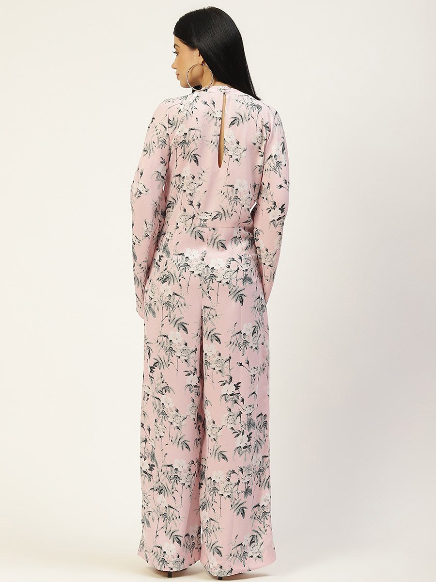 Women Floral Wide Leg Jumpsuit with Tie Waist