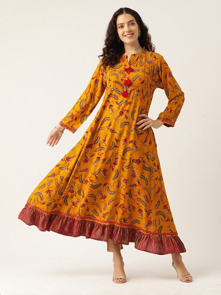 Women Mustard Floral Anarkali Kurta