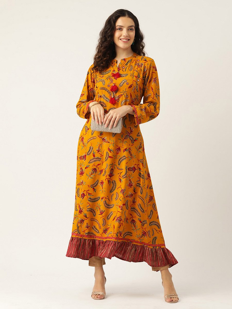 Women Mustard Floral Anarkali Kurta