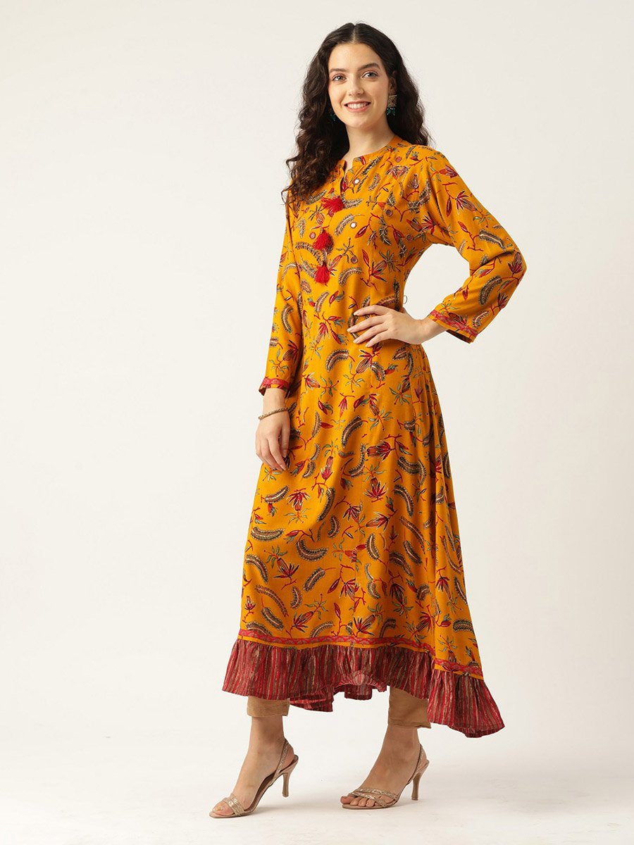 Women Mustard Floral Anarkali Kurta