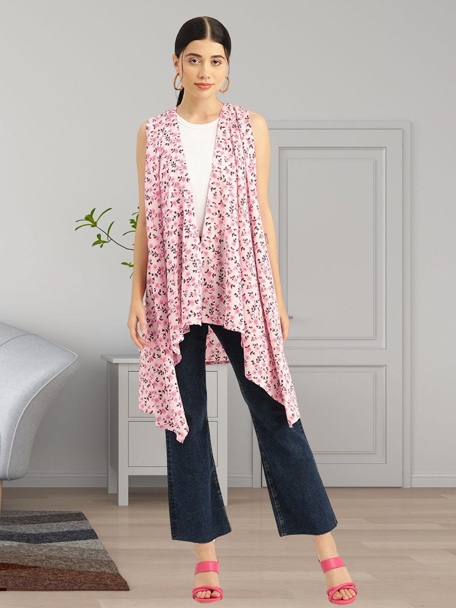 Women Pink Floral Printed High Low Hem Shrug