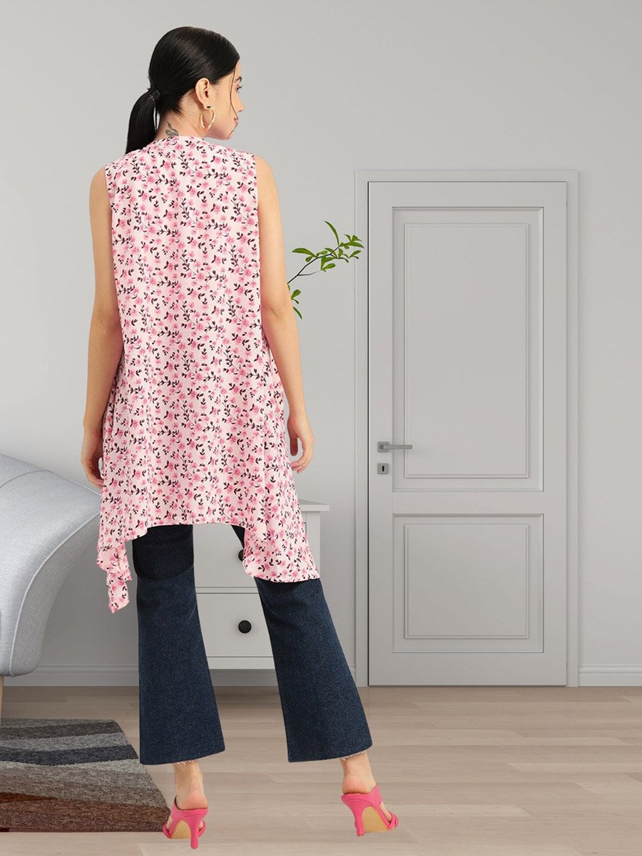 Women Pink Floral Printed High Low Hem Shrug