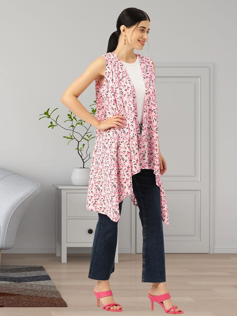 Women Pink Floral Printed High Low Hem Shrug