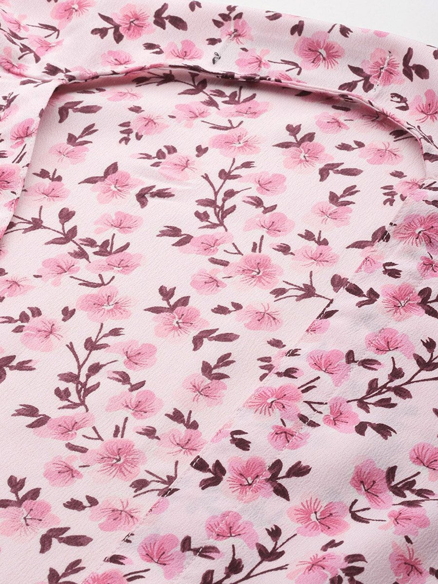 Women Pink Floral Printed High Low Hem Shrug