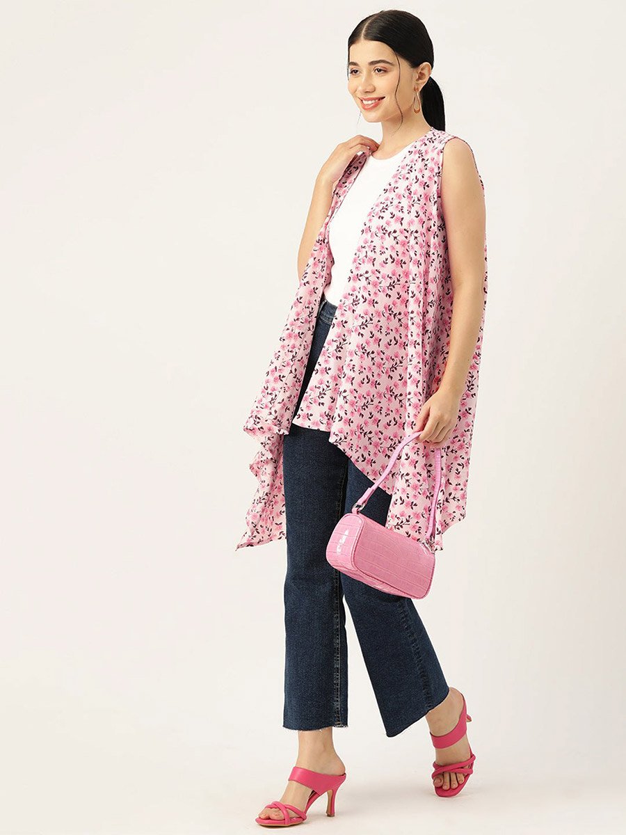 Women Pink Floral Printed High Low Hem Shrug