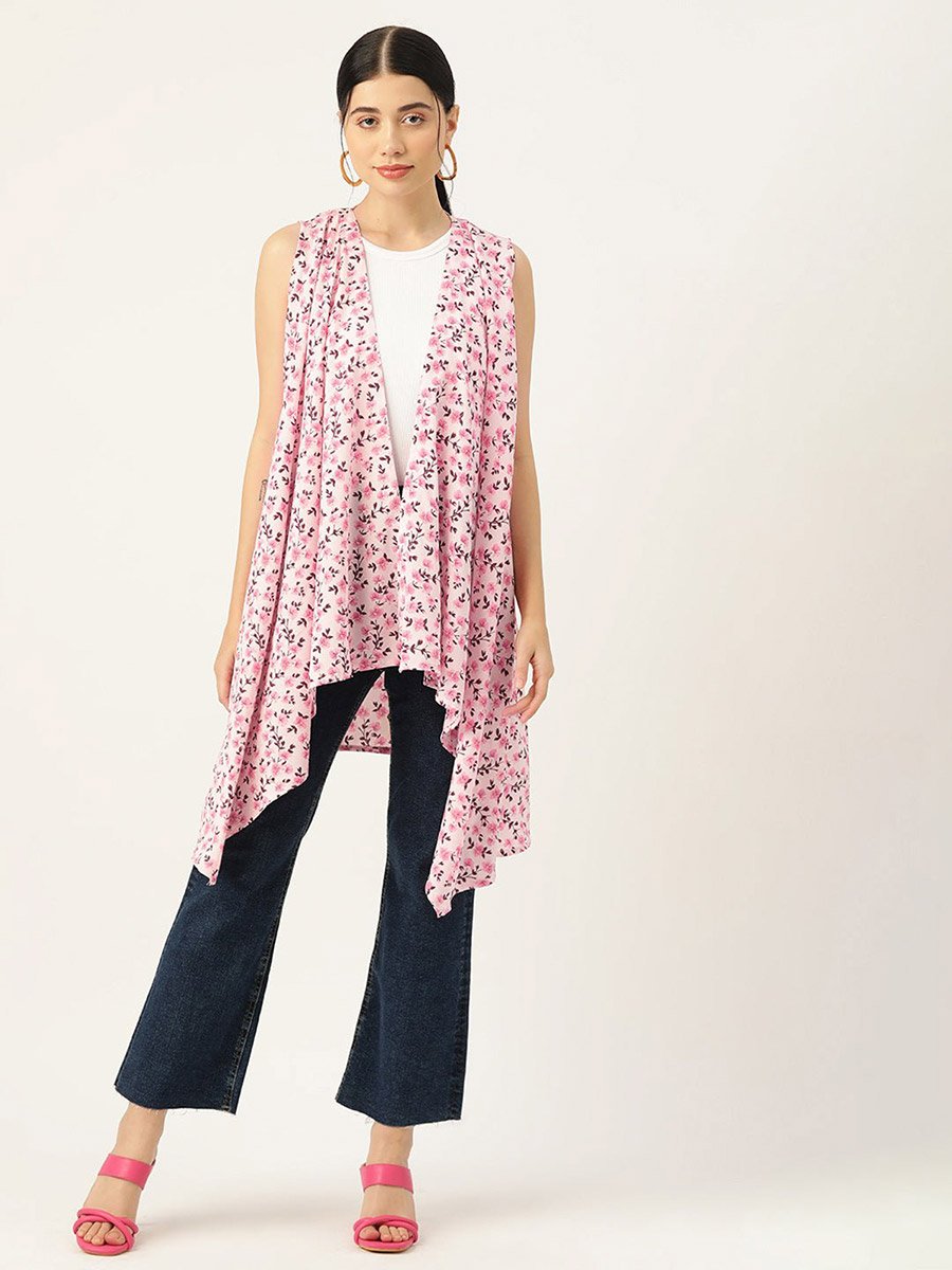Women Pink Floral Printed High Low Hem Shrug