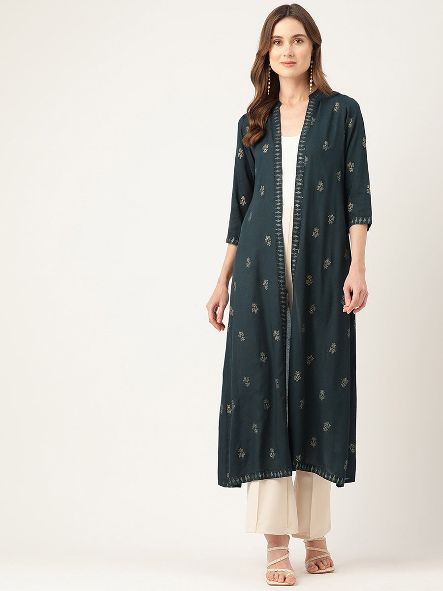 Women Green Floral Printed Longline Shrug