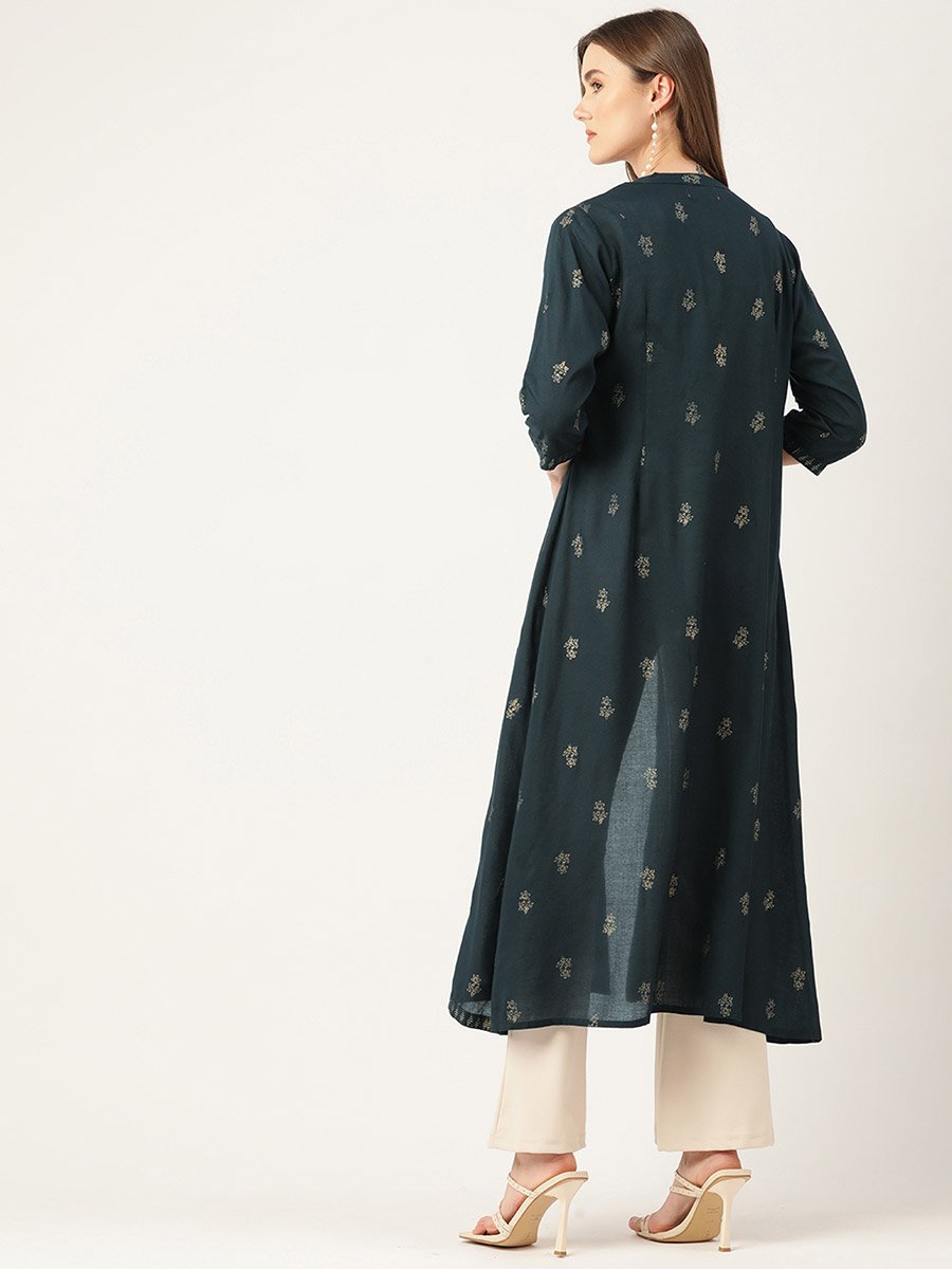 Women Green Floral Printed Longline Shrug