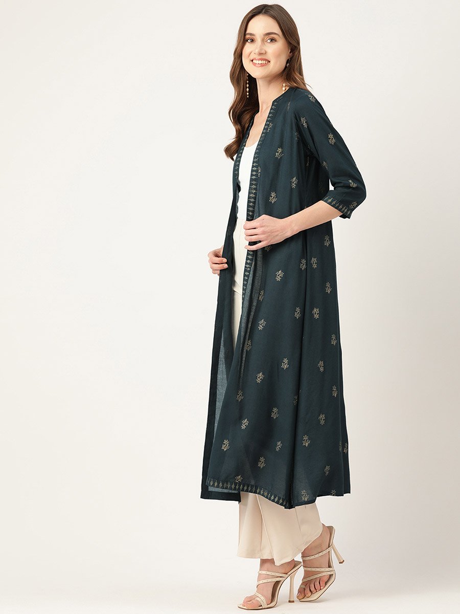 Women Green Floral Printed Longline Shrug