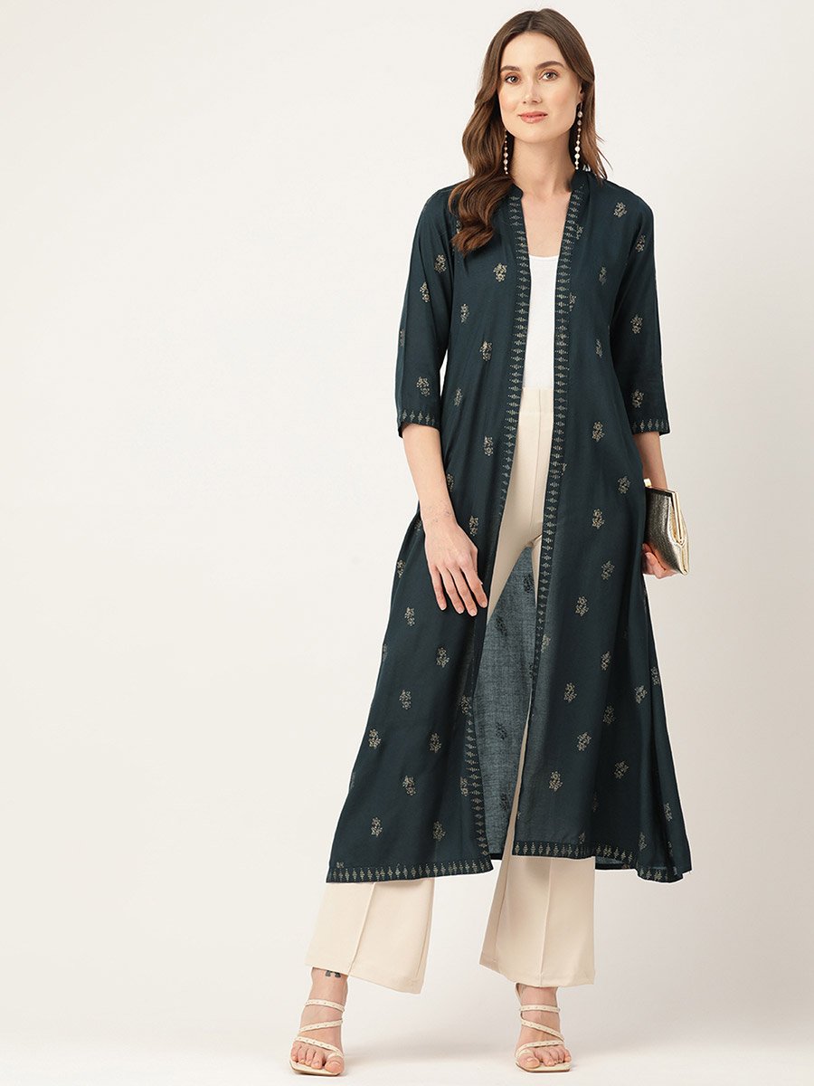 Women Green Floral Printed Longline Shrug