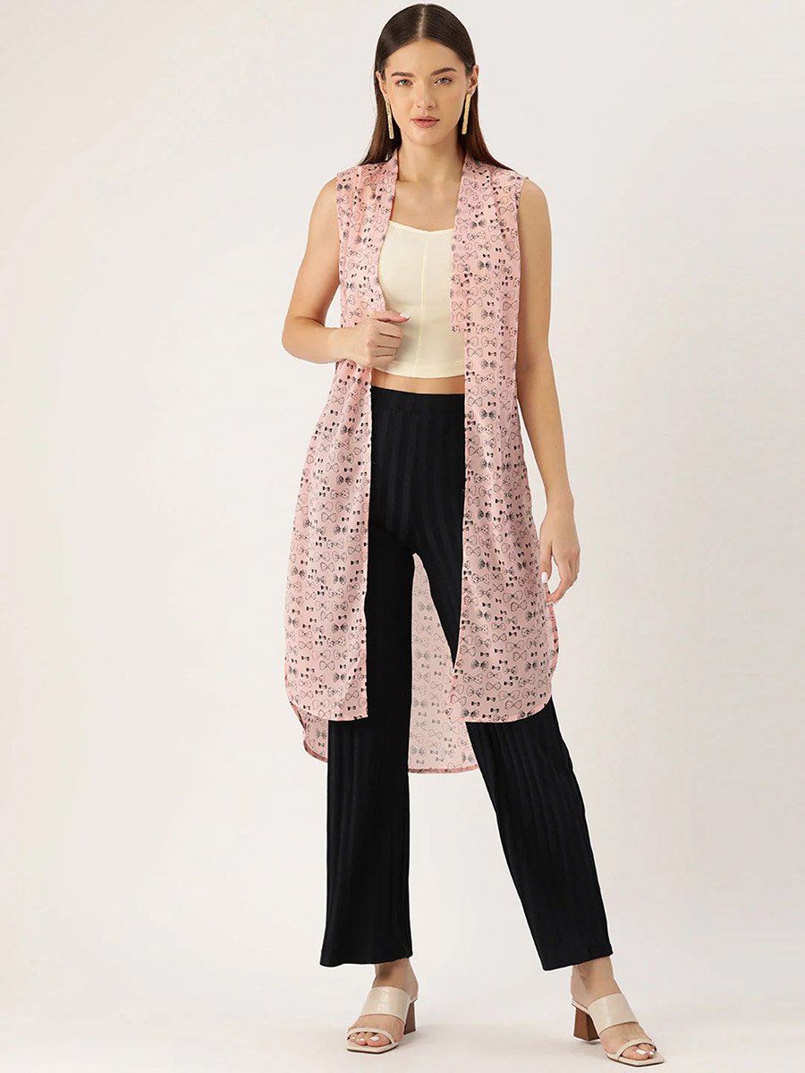 Women Pink Bow Printed Sleeveless Shrug