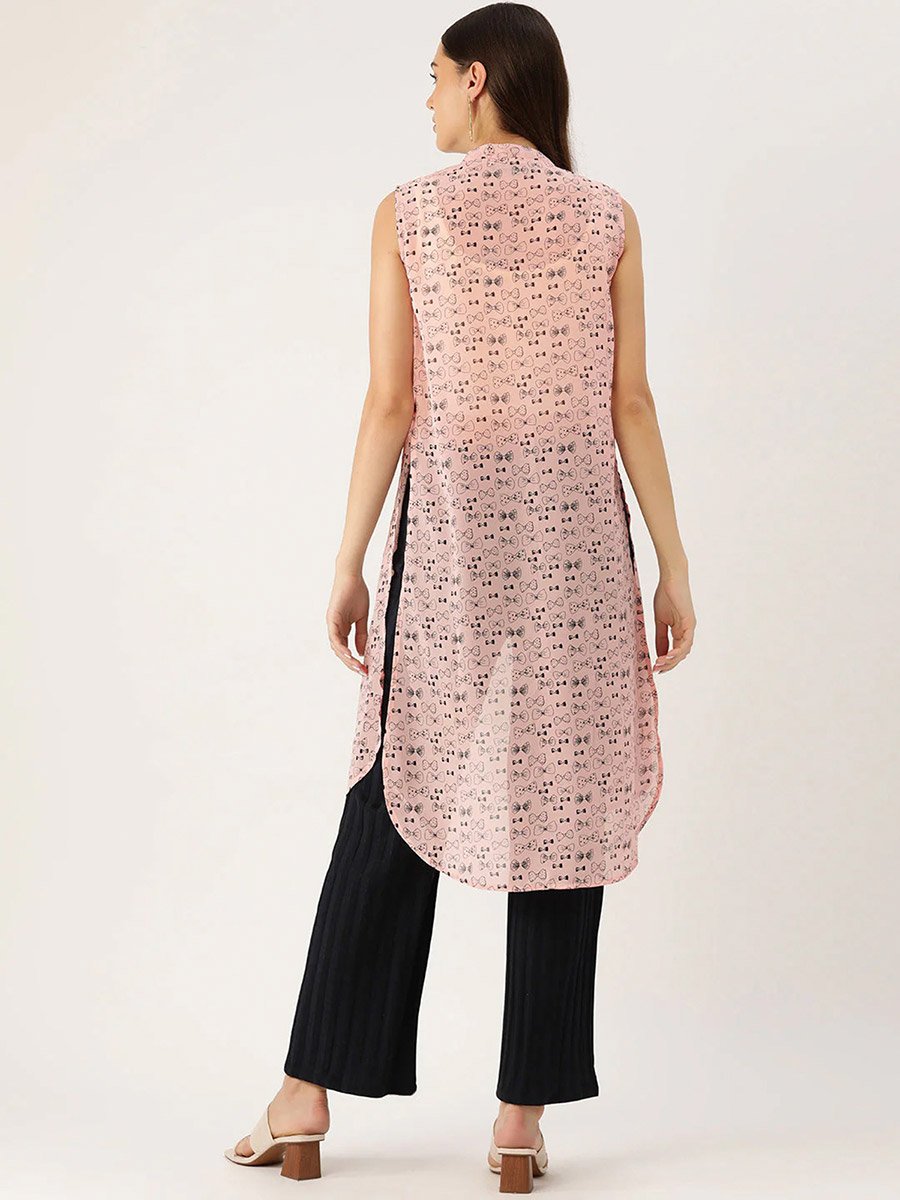 Women Pink Bow Printed Sleeveless Shrug