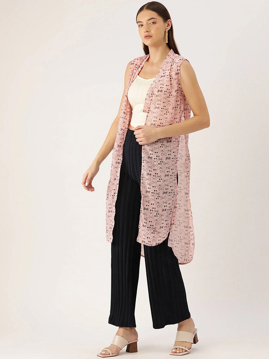 Women Pink Bow Printed Sleeveless Shrug
