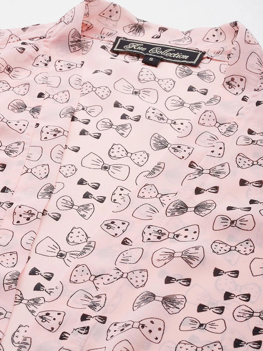 Women Pink Bow Printed Sleeveless Shrug