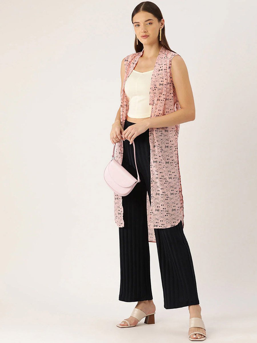 Women Pink Bow Printed Sleeveless Shrug