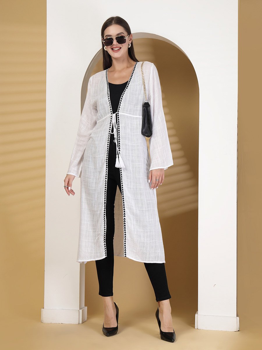 Women Embroidered Longline Tie-Up Shrug