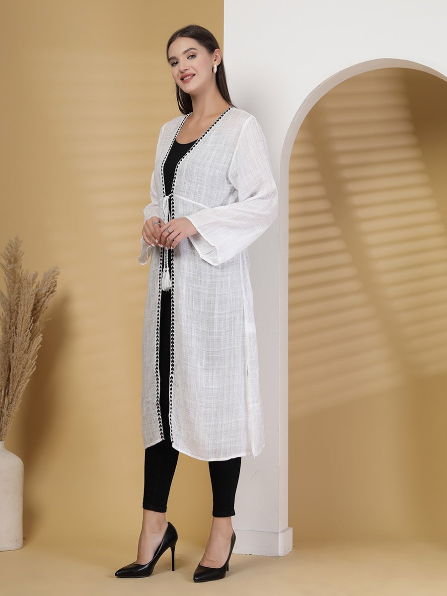 Women Embroidered Longline Tie-Up Shrug