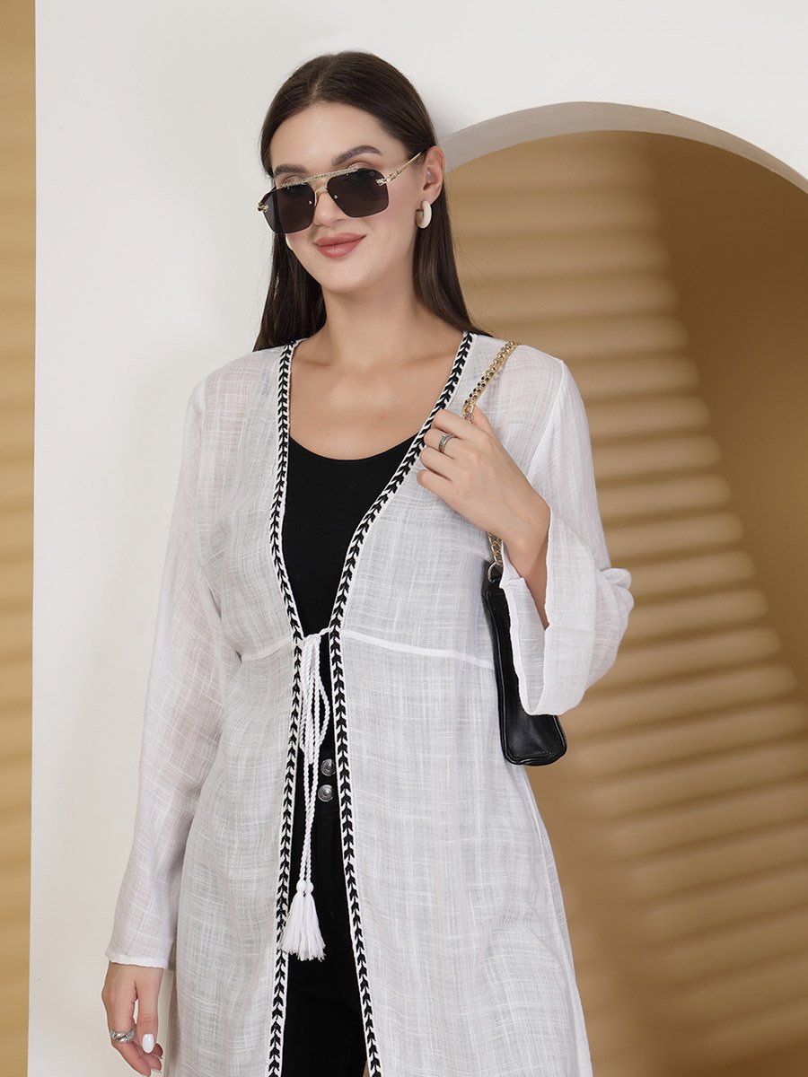 Women Embroidered Longline Tie-Up Shrug
