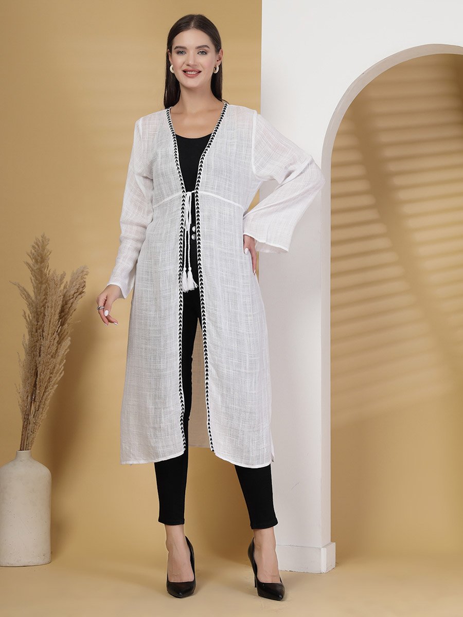 Women Embroidered Longline Tie-Up Shrug