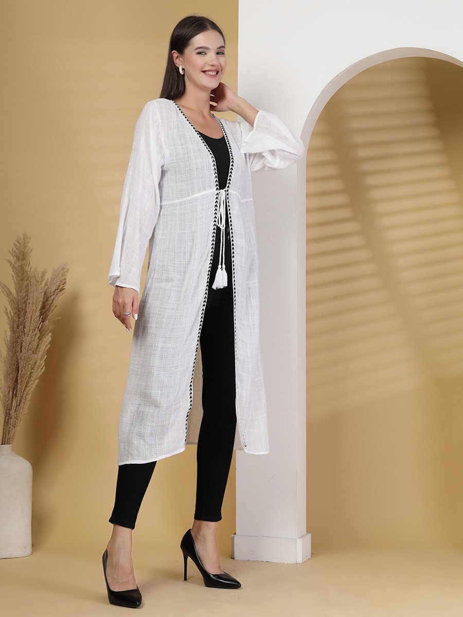 Women Embroidered Longline Tie-Up Shrug