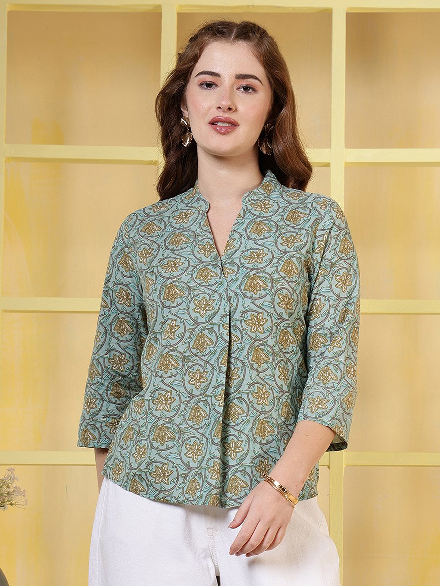 Women Green Geometric Print Cotton Top