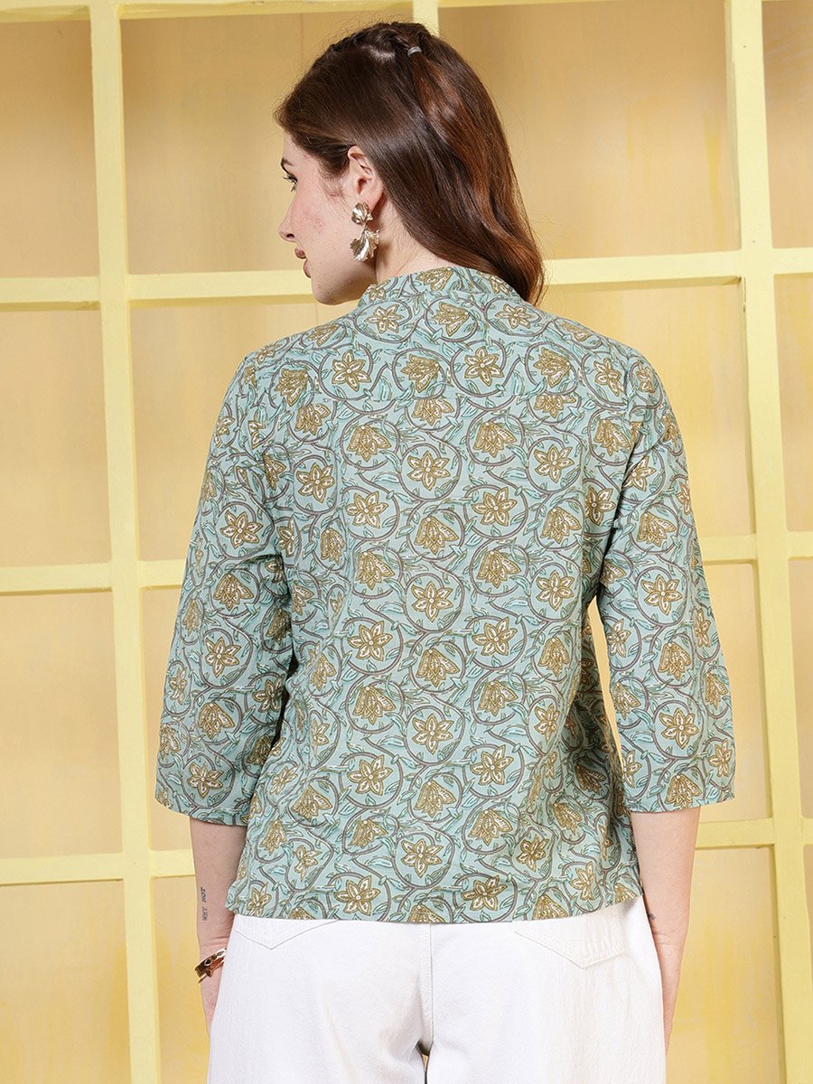 Women Green Geometric Print Cotton Top