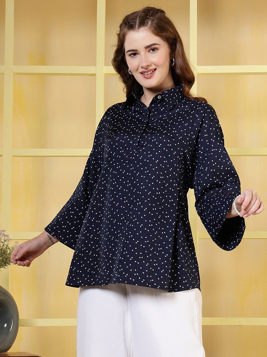 Women Navy Blue Polka Dot Print Top