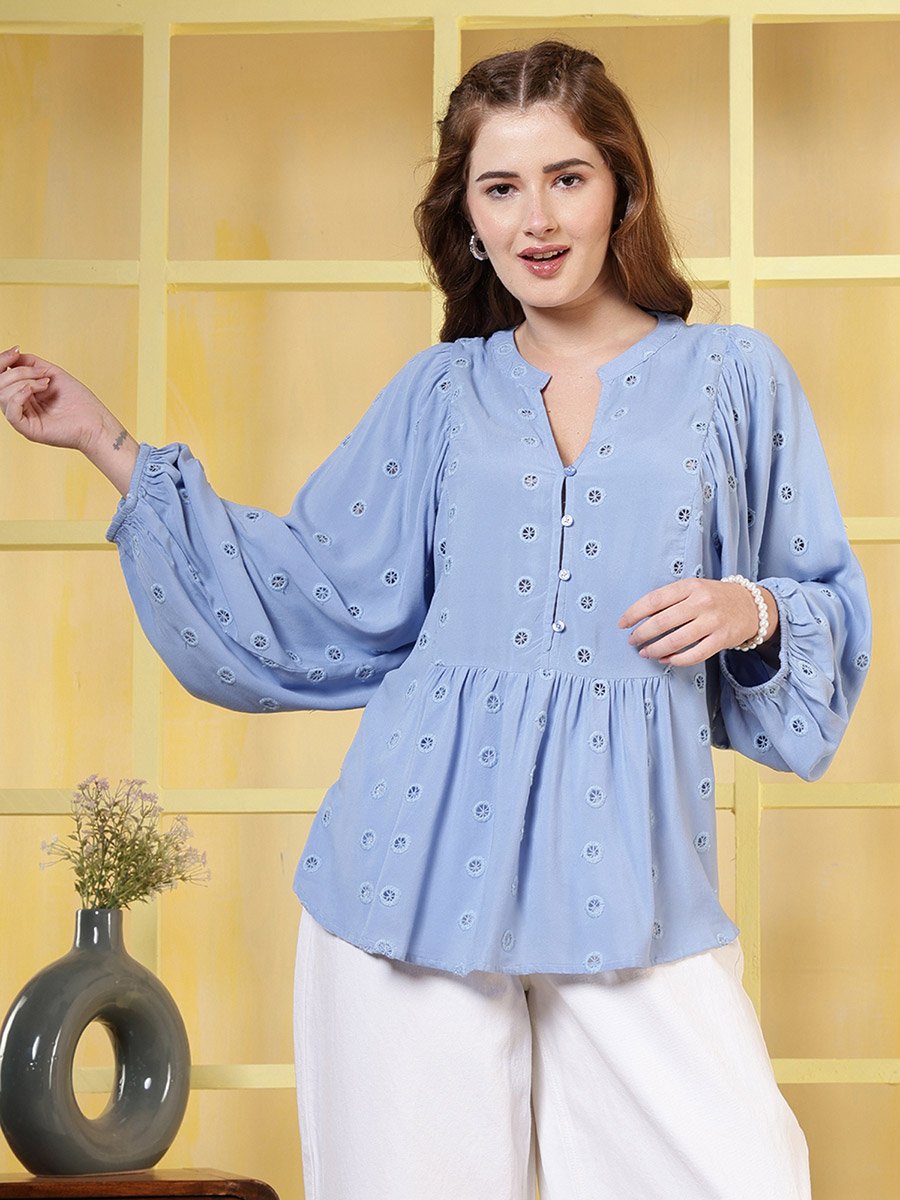 Women Blue Embroidered Bishop Sleeves Top