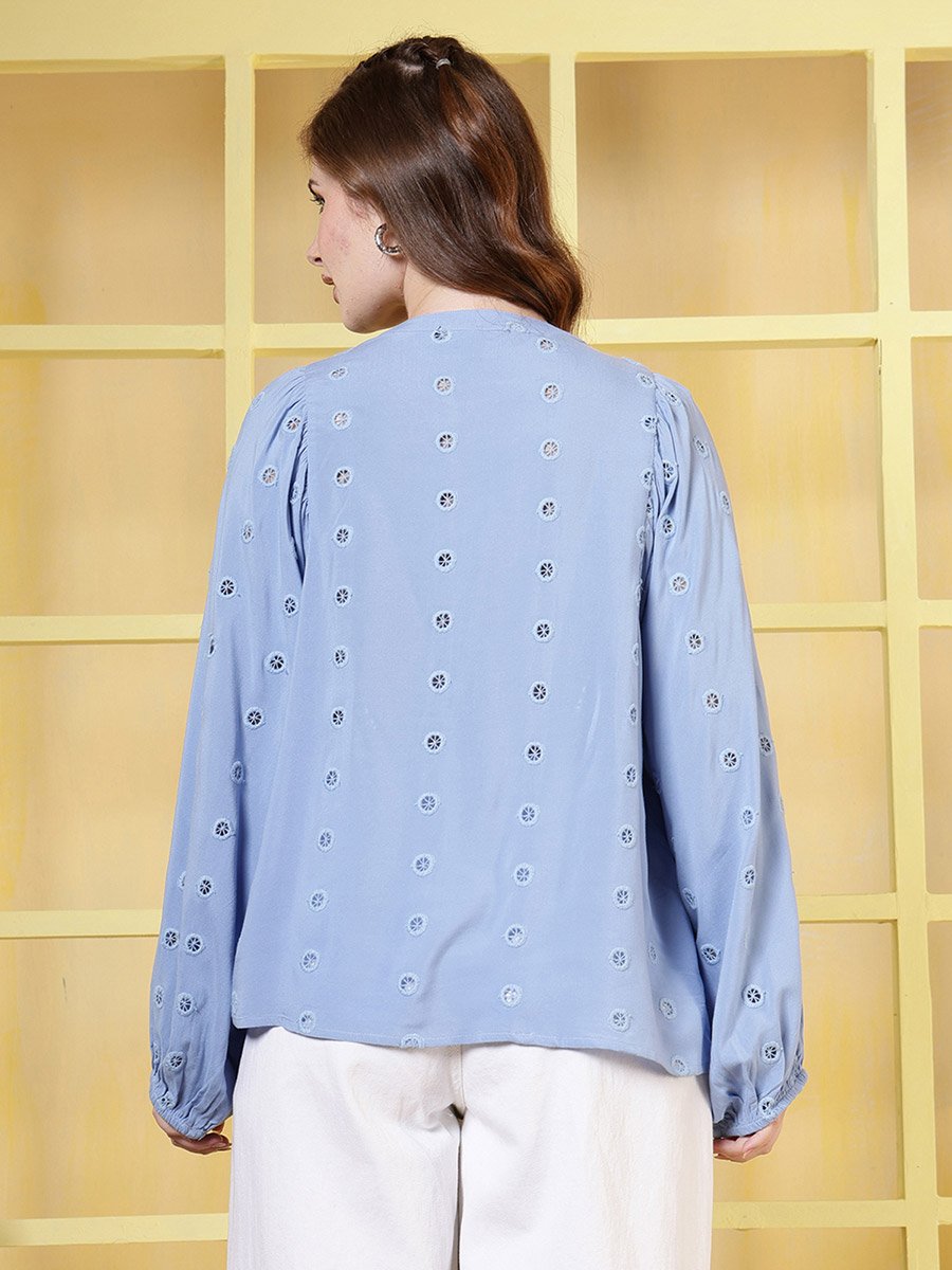Women Blue Embroidered Bishop Sleeves Top