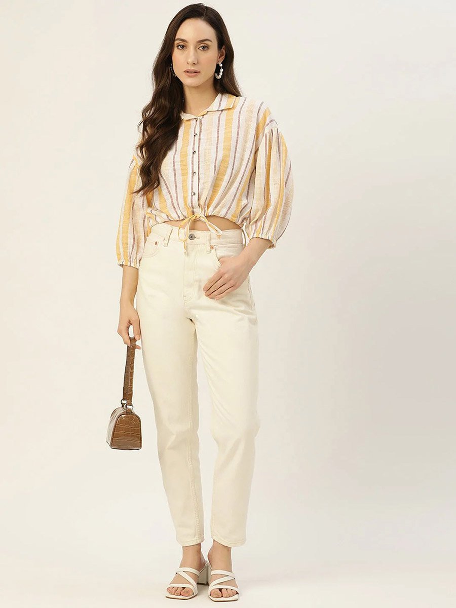 Women Striped Tie-Front Crop Top
