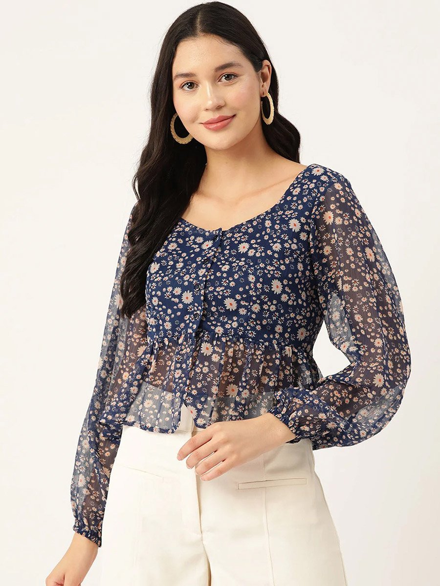 Women Floral Chiffon Peplum Top