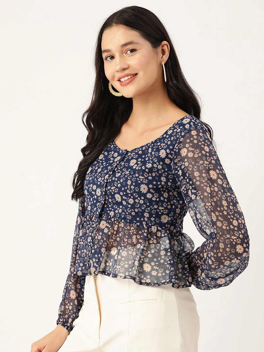 Women Floral Chiffon Peplum Top