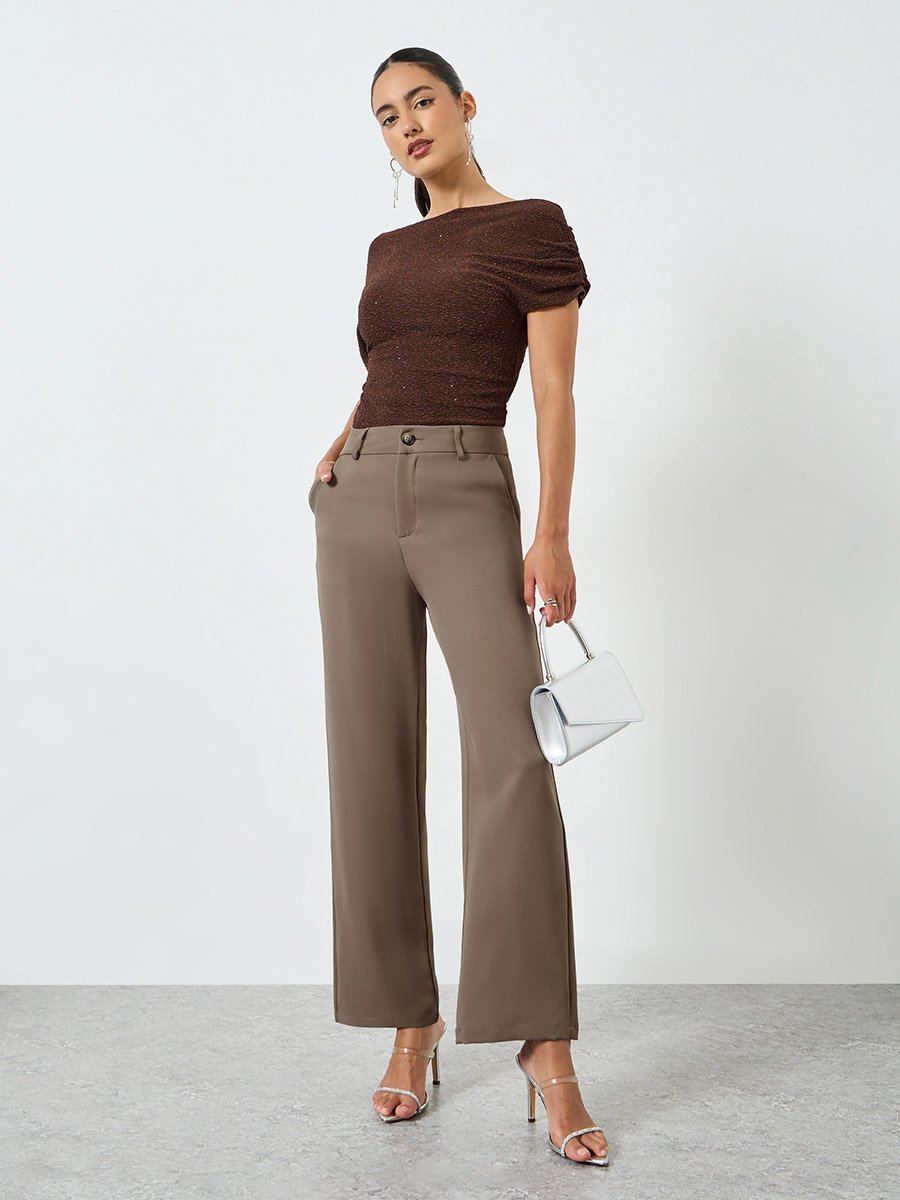 Tan High Rise Straight Leg Pants