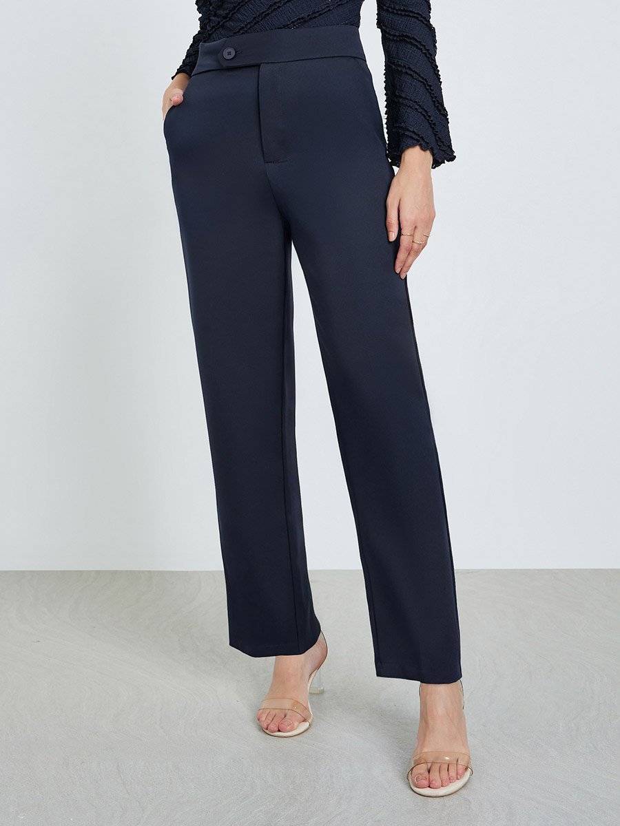 Navy Blue High Rise Straight Fit Trousers