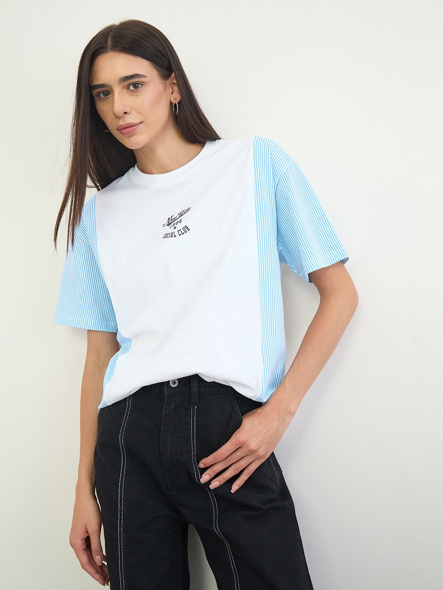 White Oversized Slogan Printed 100% Cotton T-Shirt