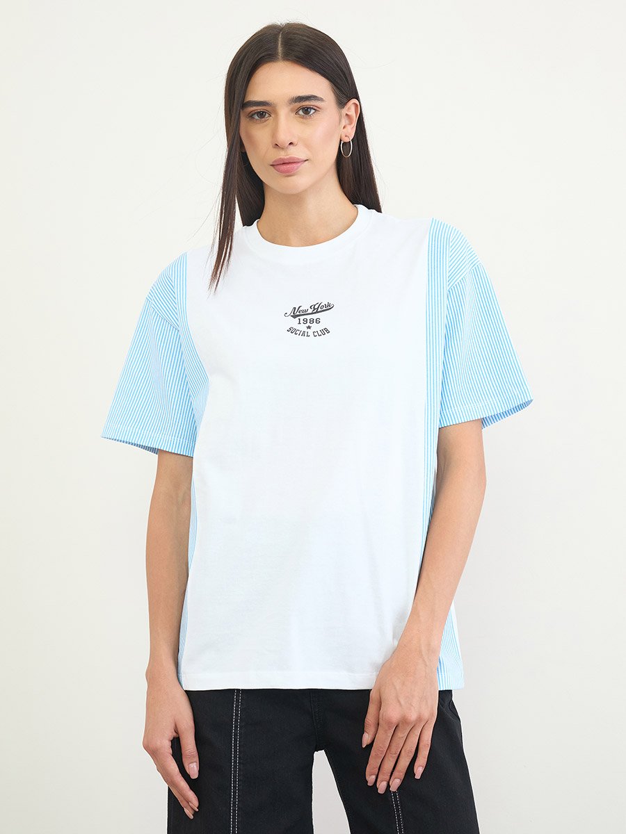 White Oversized Slogan Printed 100% Cotton T-Shirt