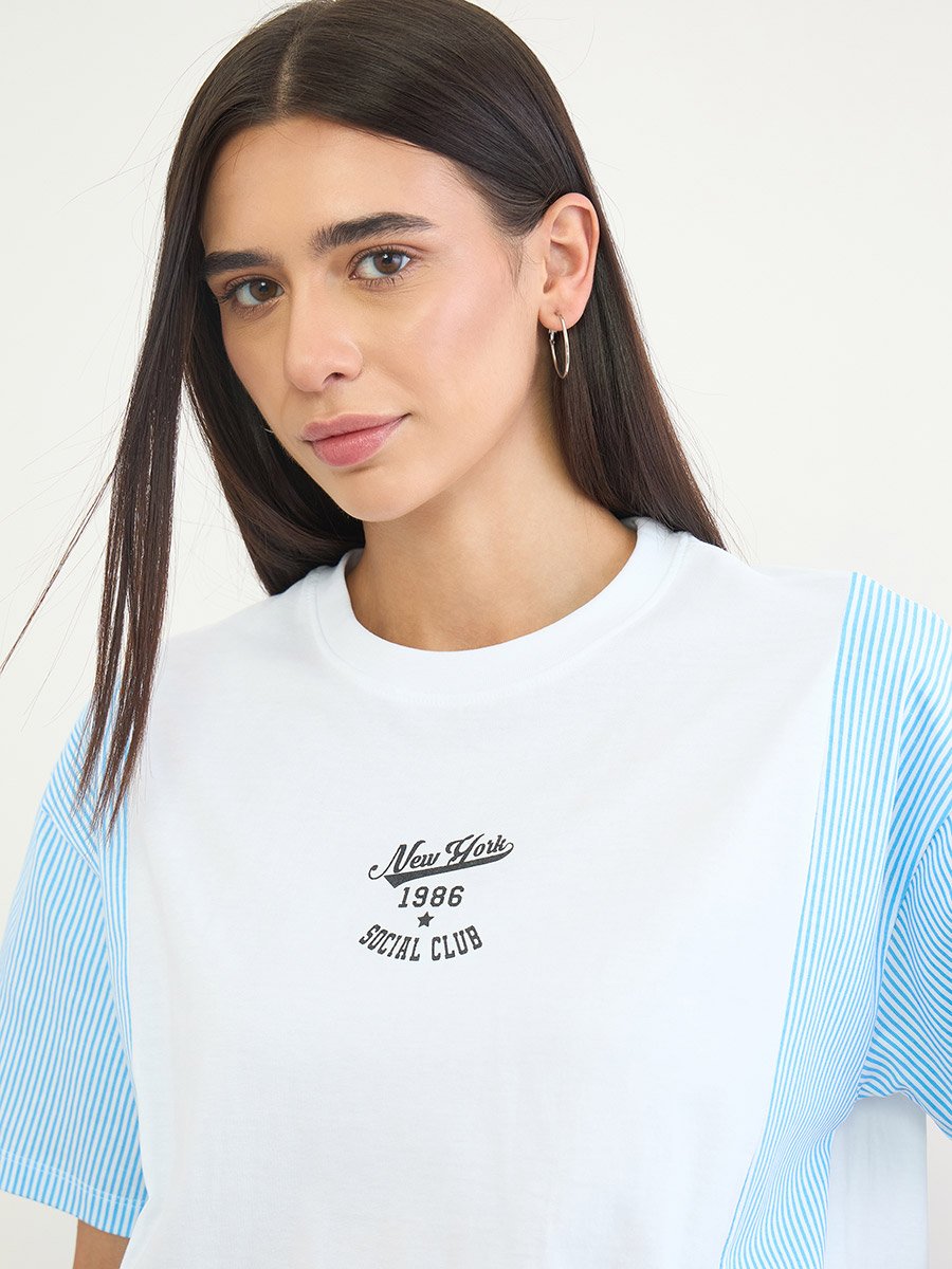 White Oversized Slogan Printed 100% Cotton T-Shirt