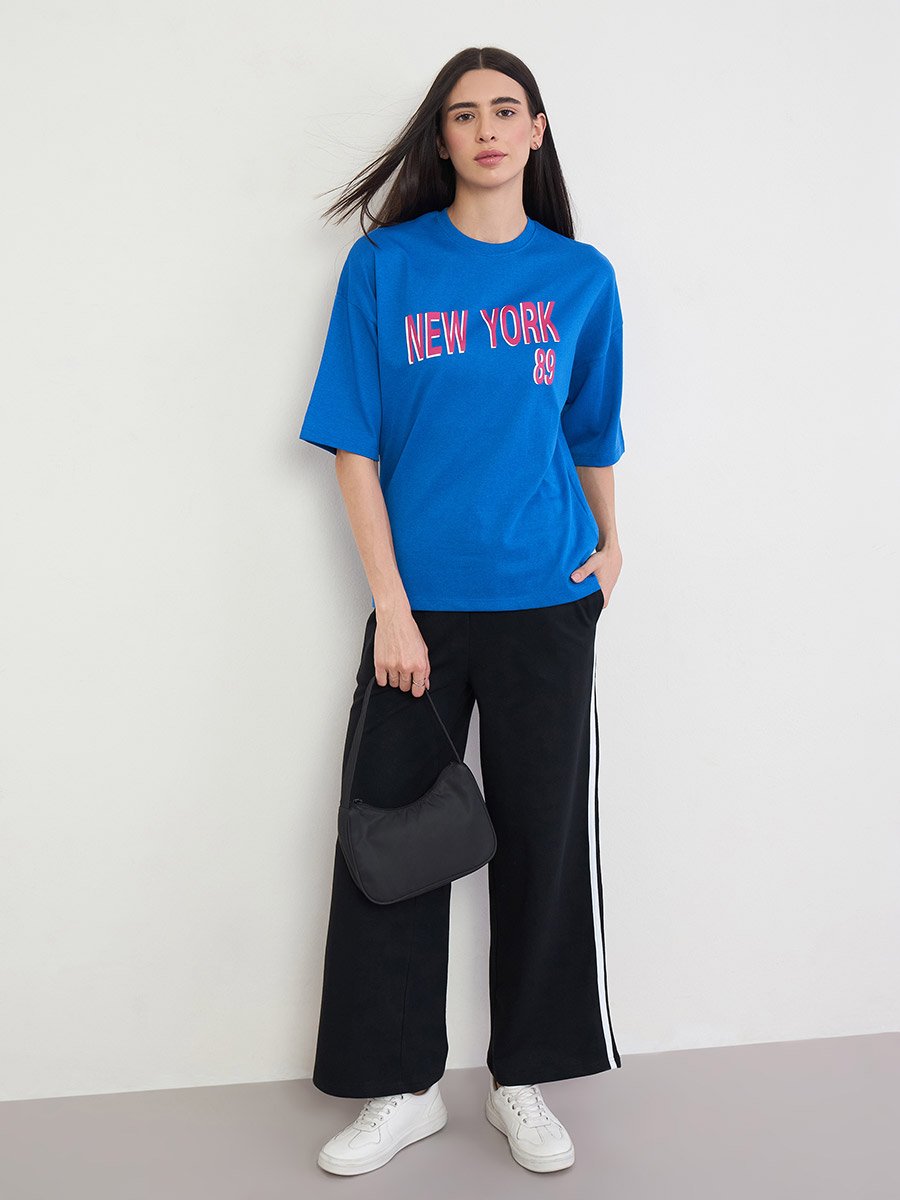 Blue Oversized Slogan Print T-Shirt
