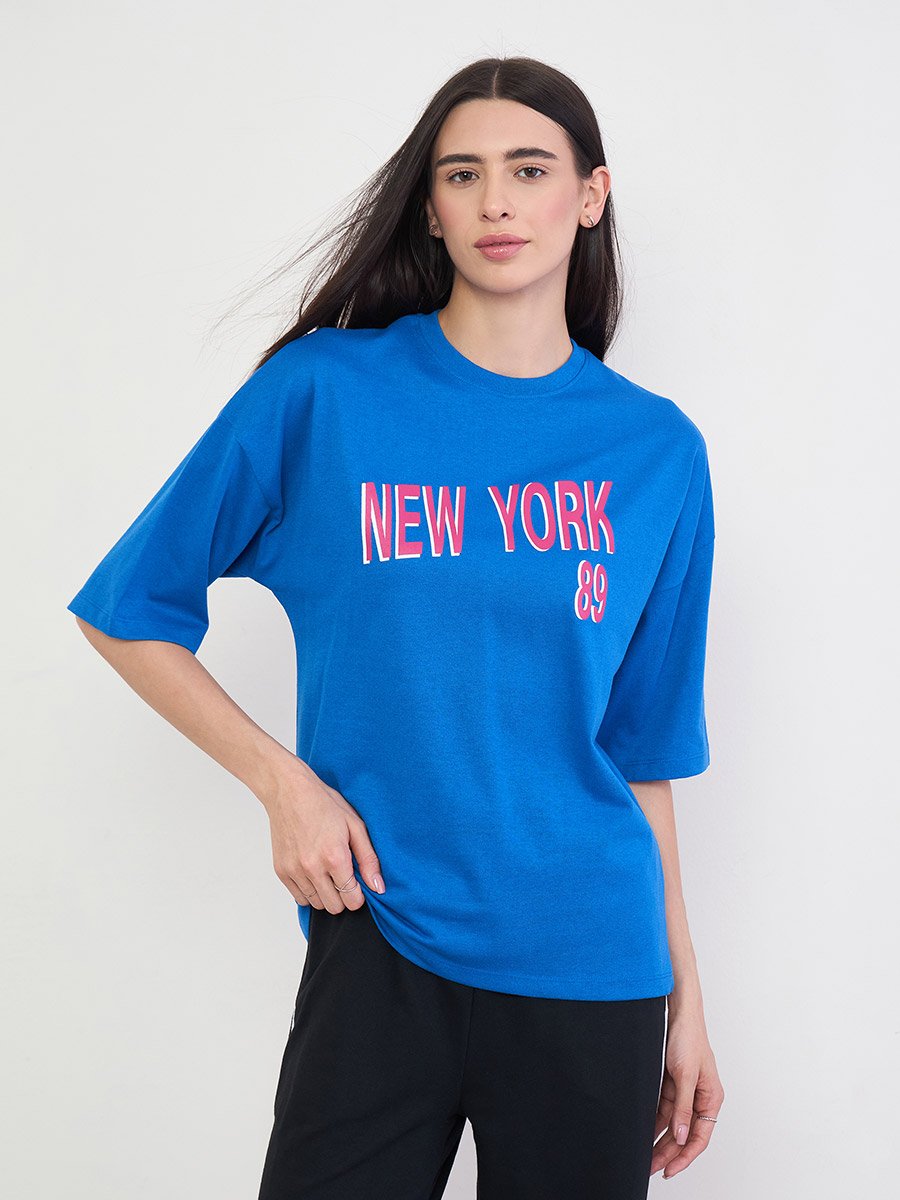 Blue Oversized Slogan Print T-Shirt