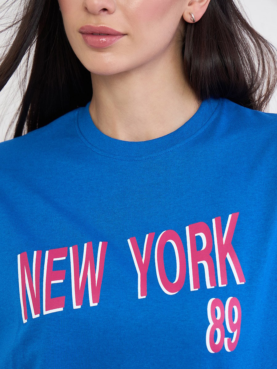 Blue Oversized Slogan Print T-Shirt