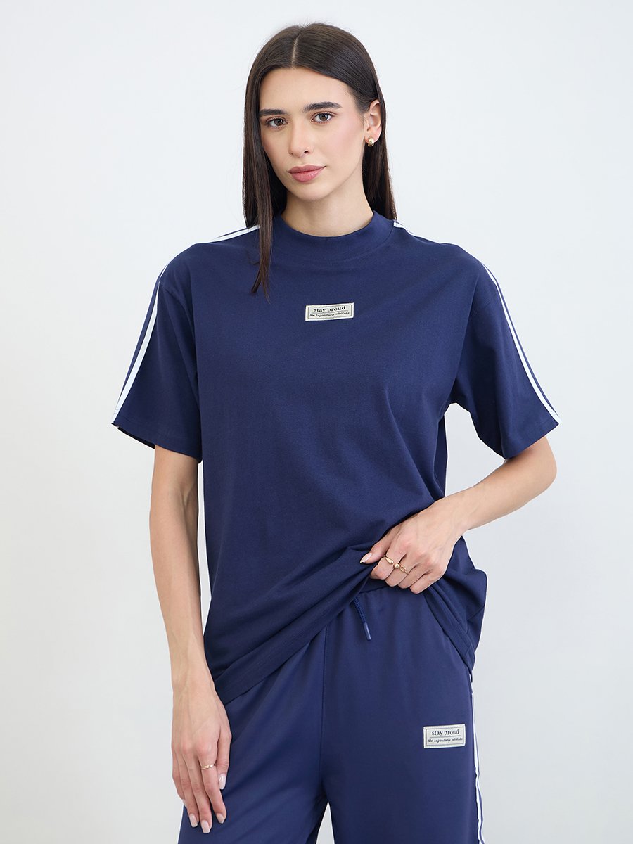 Navy Blue Badge Detail Oversized T-Shirt