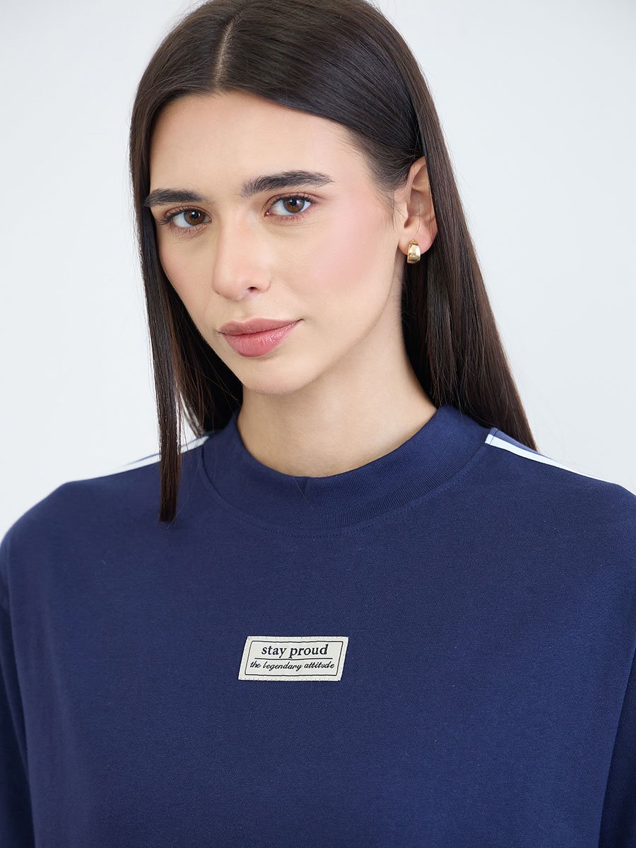 Navy Blue Badge Detail Oversized T-Shirt