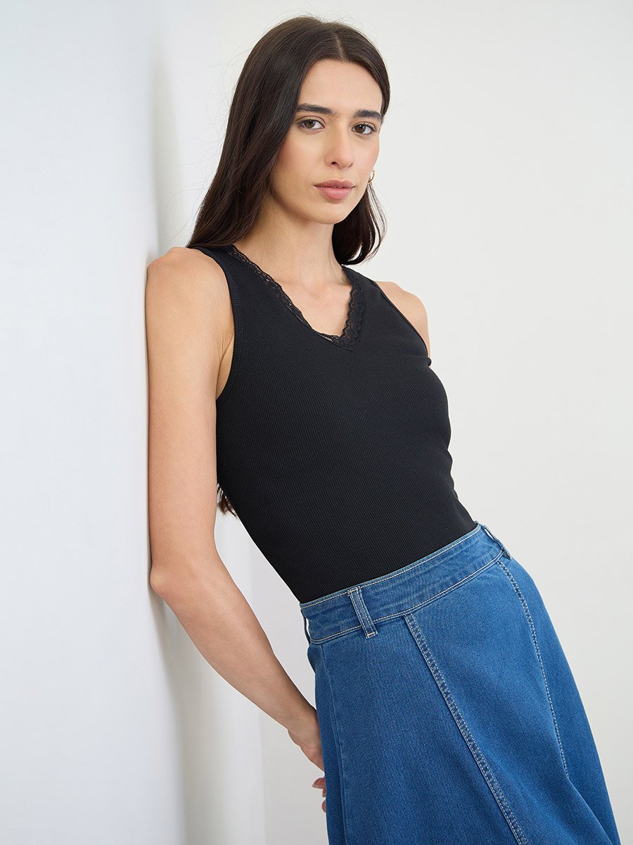 Black Ribbed Lace Trim Tank