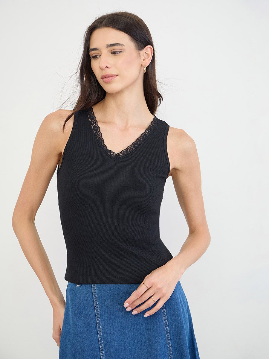 Black Ribbed Lace Trim Tank