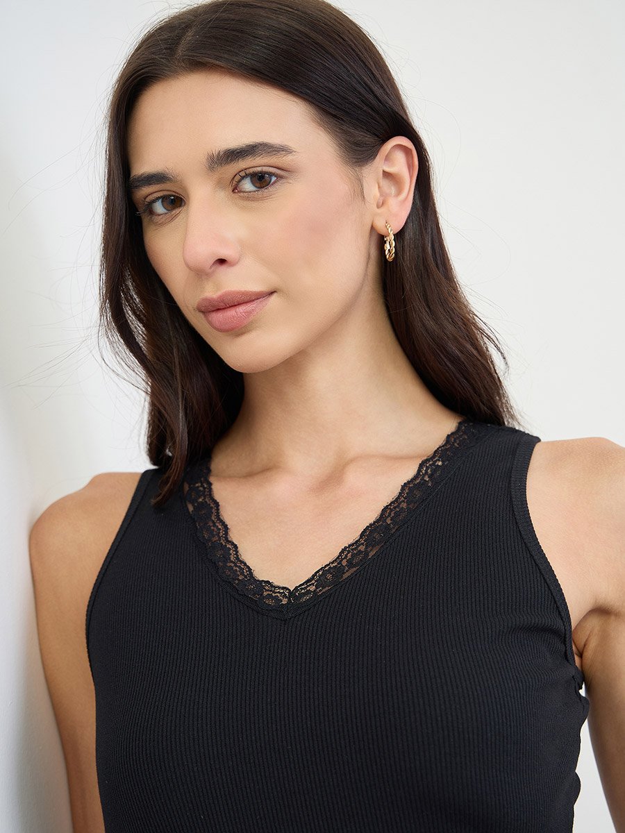 Black Ribbed Lace Trim Tank
