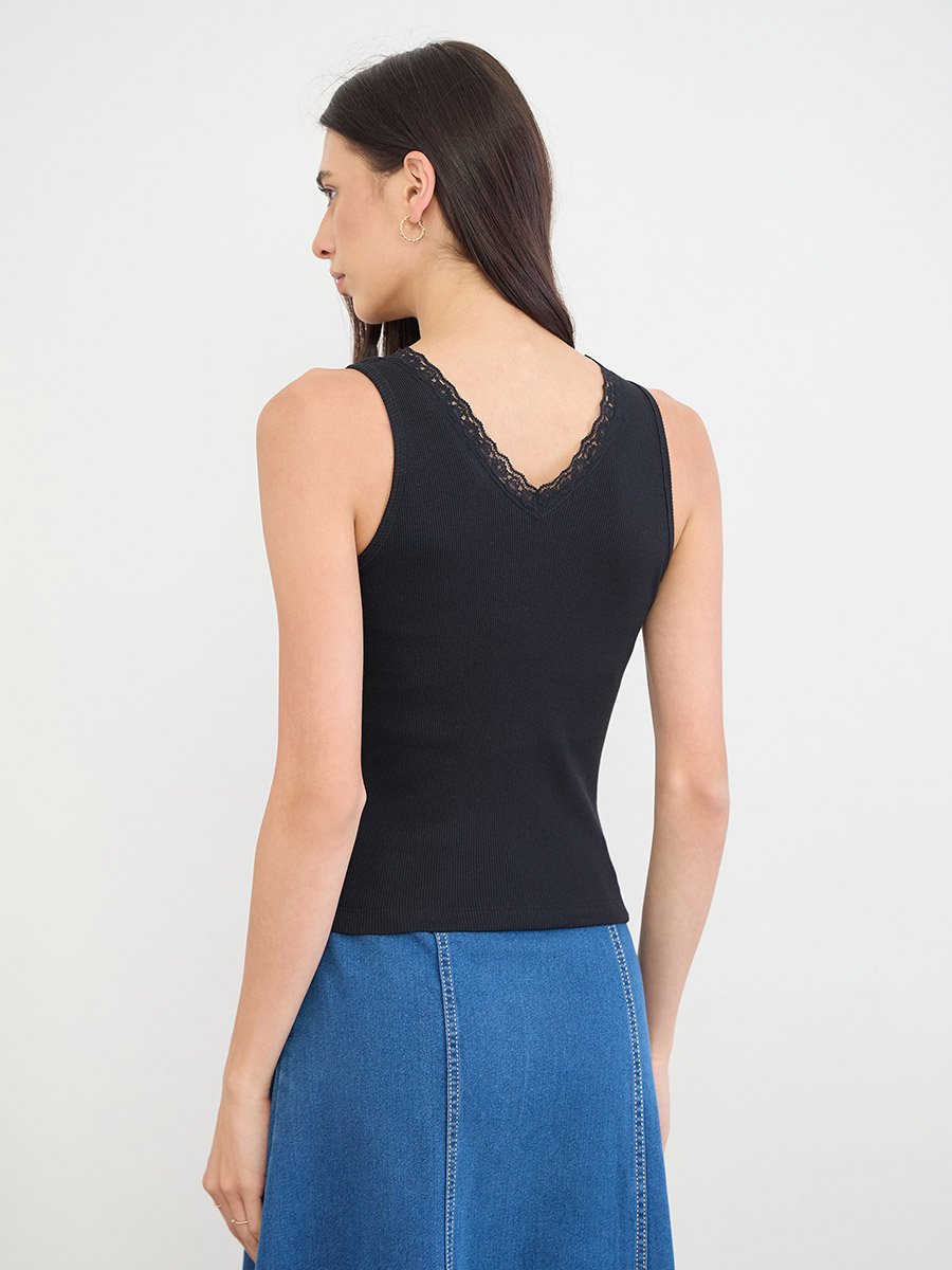 Black Ribbed Lace Trim Tank