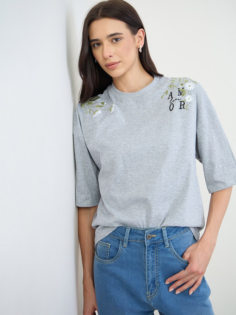 Grey Embroidered Oversized Cotton T-Shirt